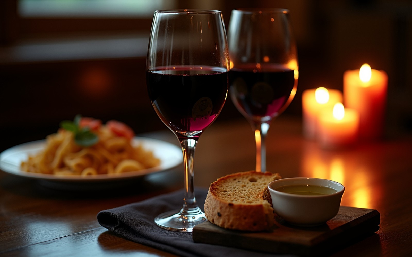 Zwei Rotweingaeser, Brot mit Olivenoel und Kerzenlicht — Osteria Cornelius Ambience